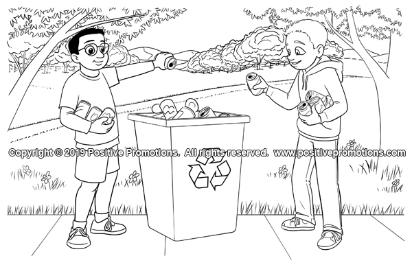 Boys tossing soda cans in a recycling bin.