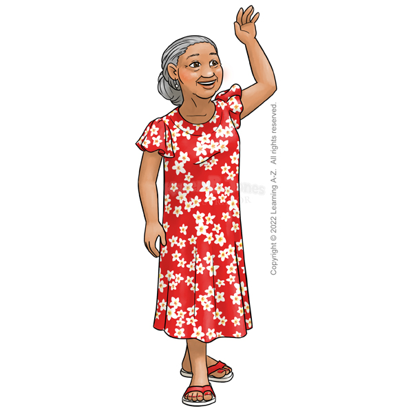 An old lady wearing a long, red, floral print muumuu dress.  She's standing with one hand raised as if waving.  She is Native Hawaiian or Pacific Islander.  She has her grey hair pulled back into a loose bun at her neck.  She is wearing flip-flop sandals and has her toenails painted red.  