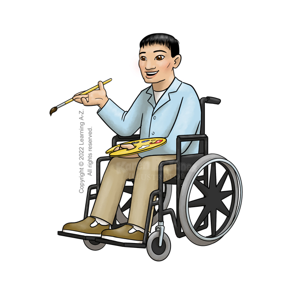 An East Asian man sits in a manual wheelchair with a paint brush and palette.  He is wearing a blue painter's shirt, khaki pants, and slip-on sneakers.  He is gesturing with the hand holding the brush as he speaks. 