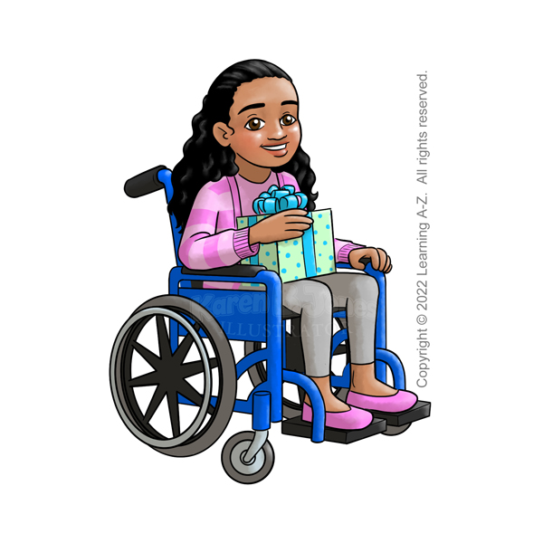 A cartoon illustration of a Native Hawaiian or Pacific Islander girl age 7-9.  She is a wheelchair user sitting with a wrapped present in her lap.  She's in a blue, manual wheelchair.  She's wearing grey leggings, pink slip-on shoes, pink t-shirt, and a pink striped cardigan.  Her long black hair is wavy and pulled back on the top, loose on the bottom.  She is smiling.  