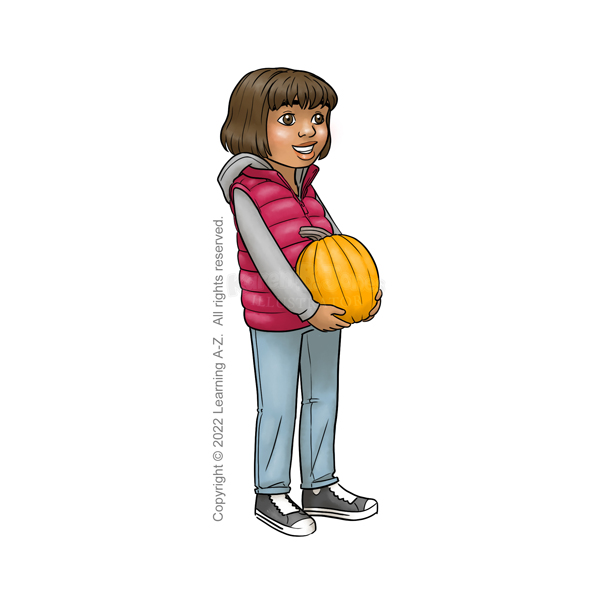 A Latina girl, aged 7-9, stands holding a pumpkin.  She is wearing a gray hooded sweatshirt, red puffer vest, jeans, and black sneakers.  Her dark brown hair is cut in a chin-length bob with bangs.  